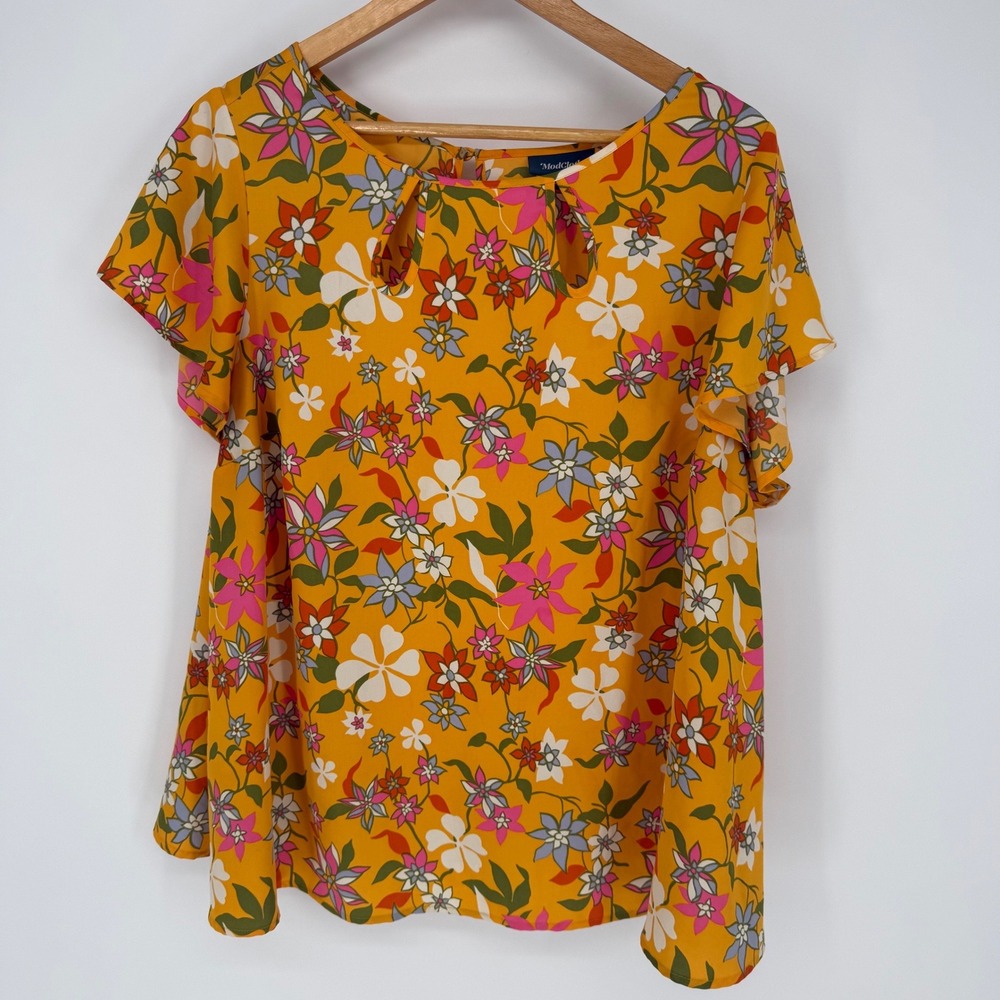 ModCloth Womens 2X Mustard Yellow Floral Short Sleeve Keyhole Blouse Retro Top - Picture 1 of 6